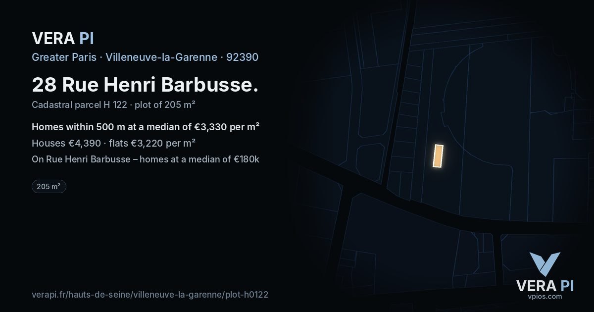 28 Rue Henri Barbusse, Villeneuve-la-Garenne at night – the plot lit, the parcels around coloured by the prices near them
