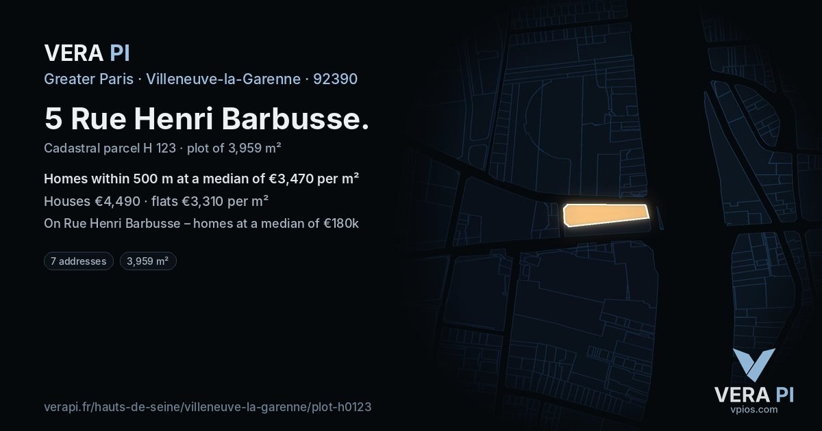 5 Rue Henri Barbusse, Villeneuve-la-Garenne at night – the plot lit, the parcels around coloured by the prices near them