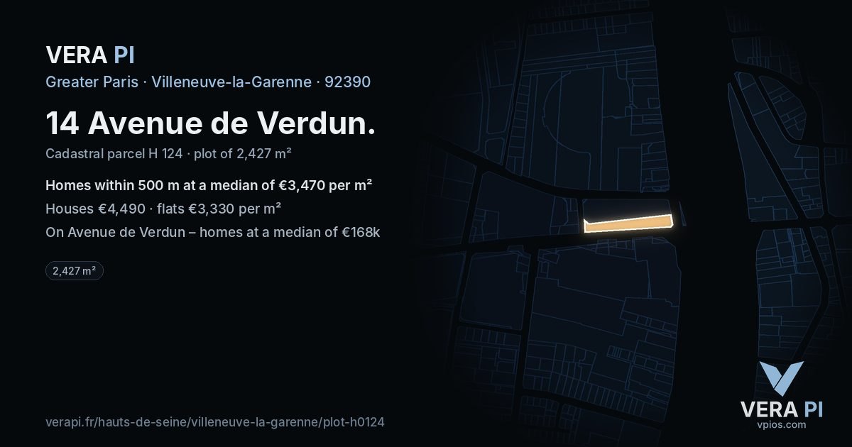 14 Avenue de Verdun, Villeneuve-la-Garenne at night – the plot lit, the parcels around coloured by the prices near them
