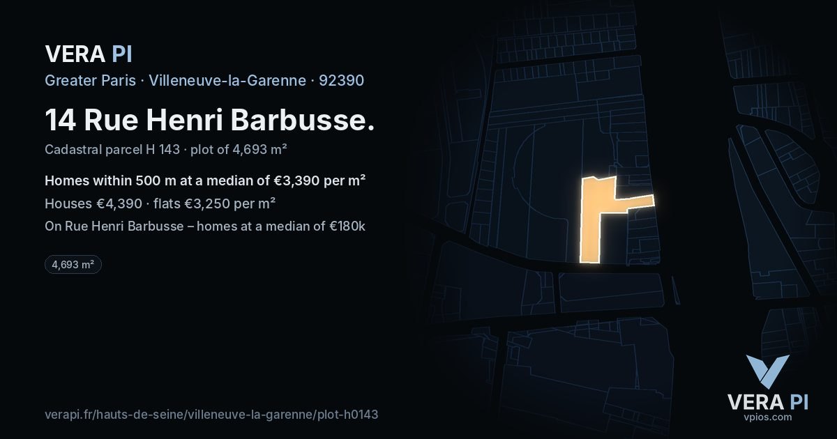 14 Rue Henri Barbusse, Villeneuve-la-Garenne at night – the plot lit, the parcels around coloured by the prices near them
