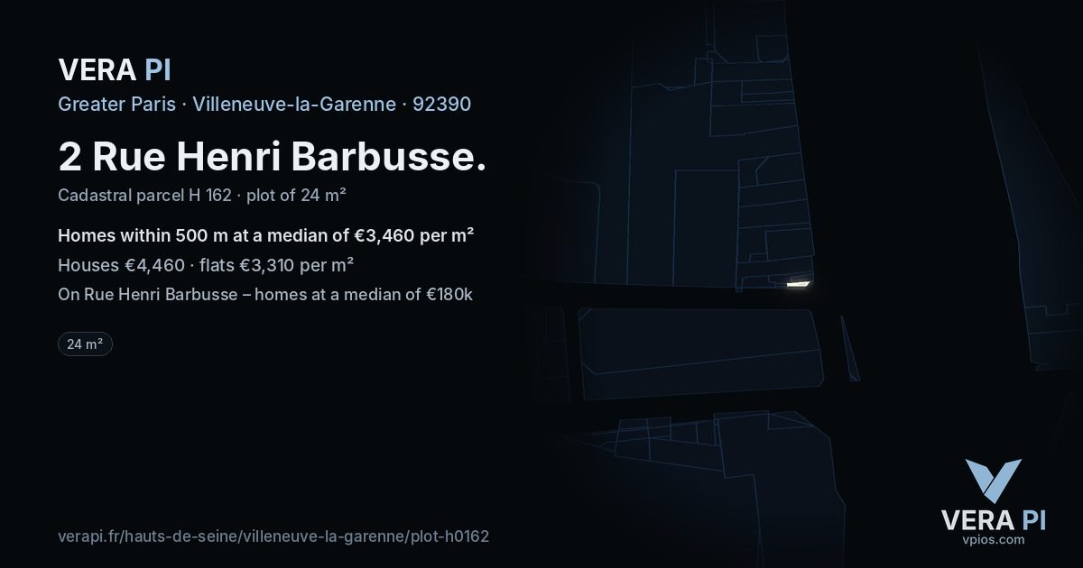2 Rue Henri Barbusse, Villeneuve-la-Garenne at night – the plot lit, the parcels around coloured by the prices near them