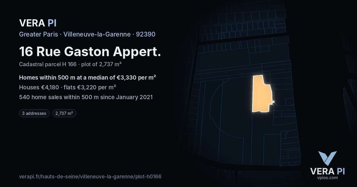 16 Rue Gaston Appert, Villeneuve-la-Garenne at night – the plot lit, the parcels around coloured by the prices near them