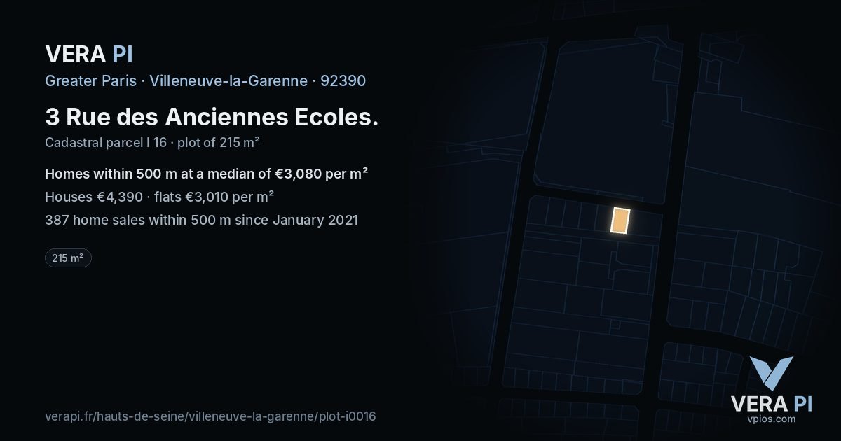 3 Rue des Anciennes Ecoles, Villeneuve-la-Garenne at night – the plot lit, the parcels around coloured by the prices near them