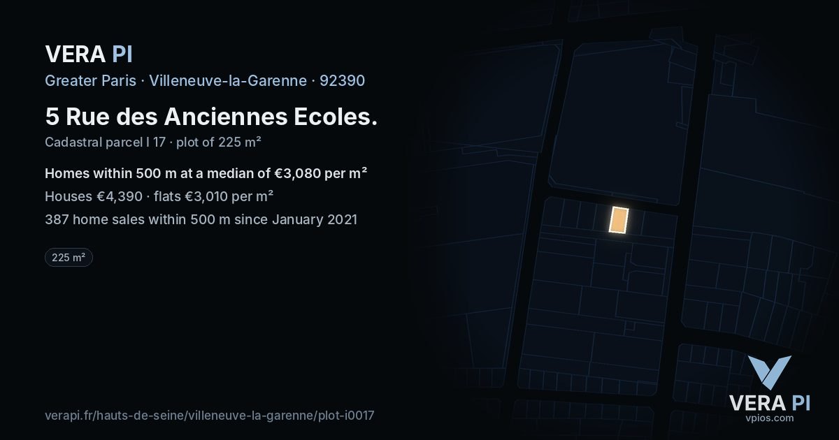 5 Rue des Anciennes Ecoles, Villeneuve-la-Garenne at night – the plot lit, the parcels around coloured by the prices near them