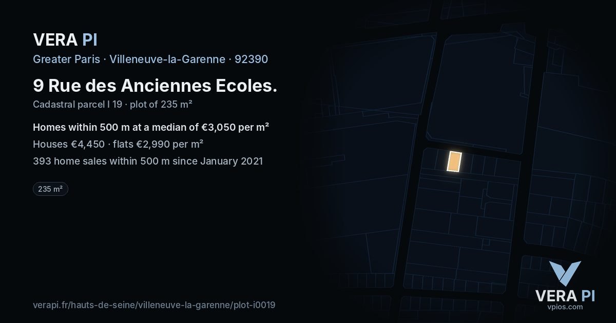 9 Rue des Anciennes Ecoles, Villeneuve-la-Garenne at night – the plot lit, the parcels around coloured by the prices near them