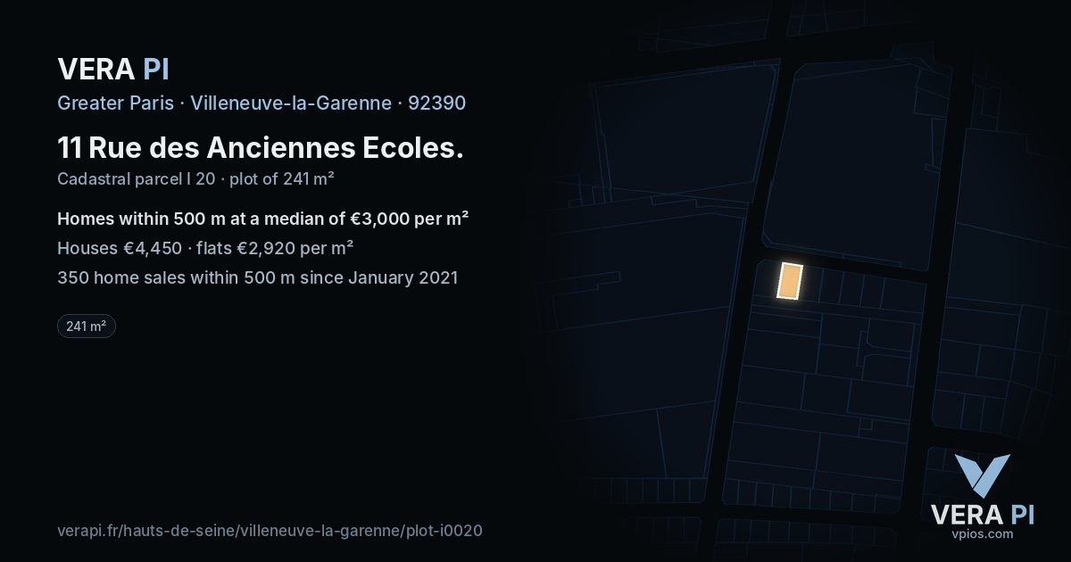11 Rue des Anciennes Ecoles, Villeneuve-la-Garenne at night – the plot lit, the parcels around coloured by the prices near them