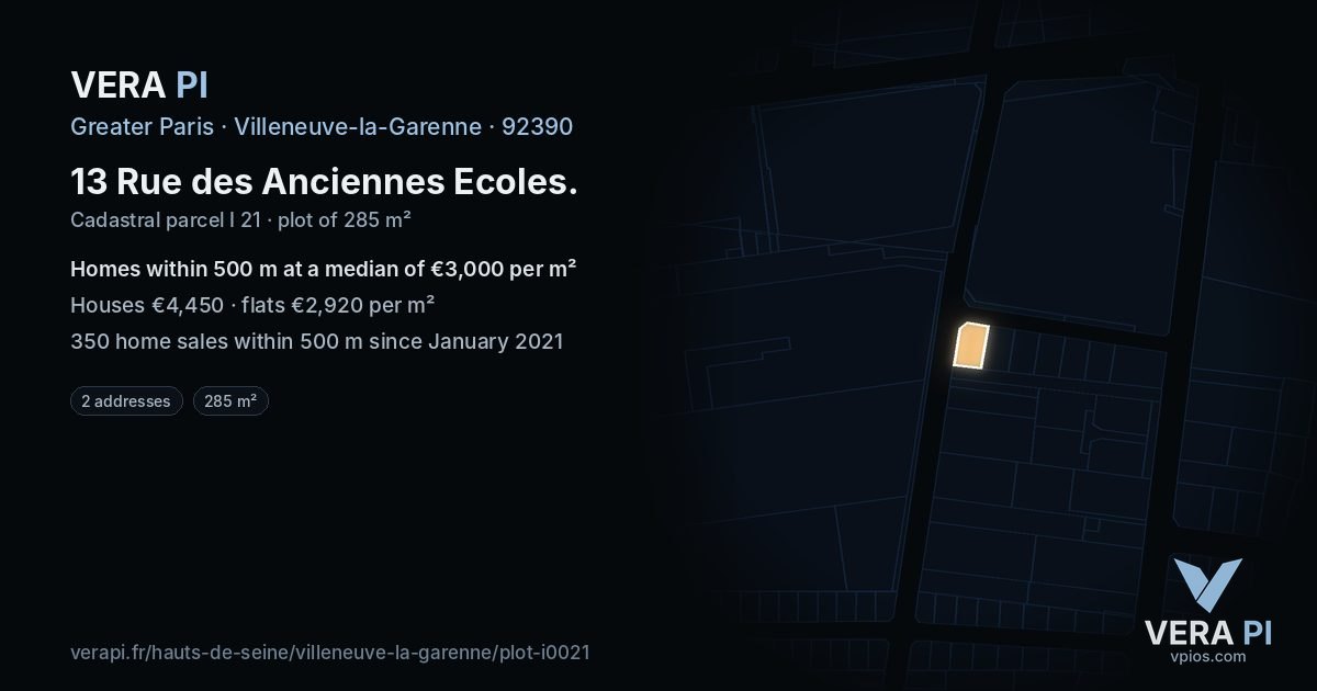 13 Rue des Anciennes Ecoles, Villeneuve-la-Garenne at night – the plot lit, the parcels around coloured by the prices near them