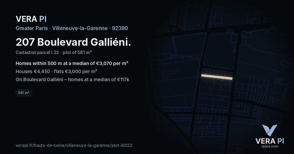 207 Boulevard Galliéni, Villeneuve-la-Garenne at night – the plot lit, the parcels around coloured by the prices near them
