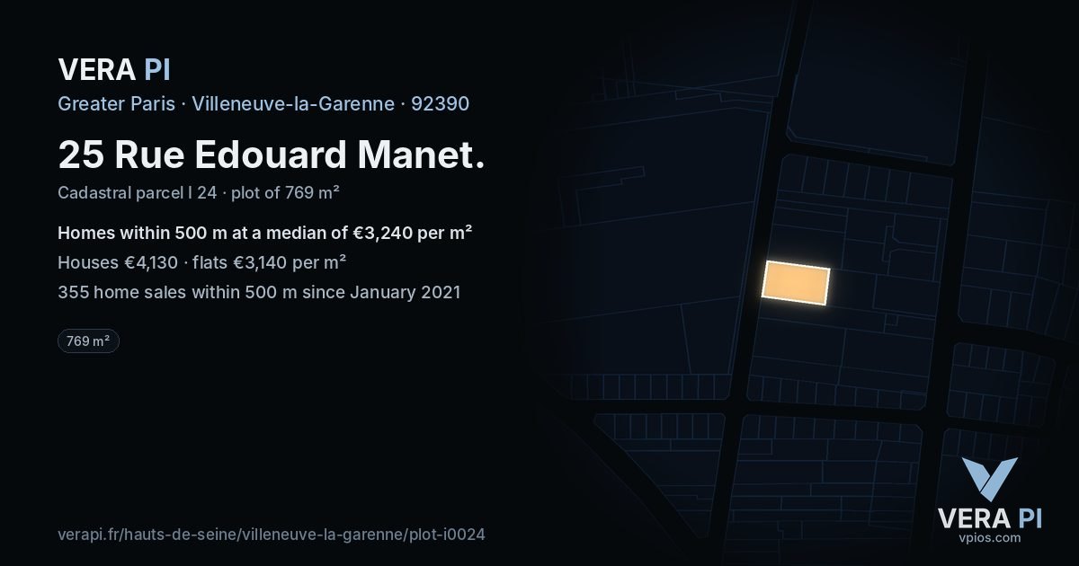 25 Rue Edouard Manet, Villeneuve-la-Garenne at night – the plot lit, the parcels around coloured by the prices near them