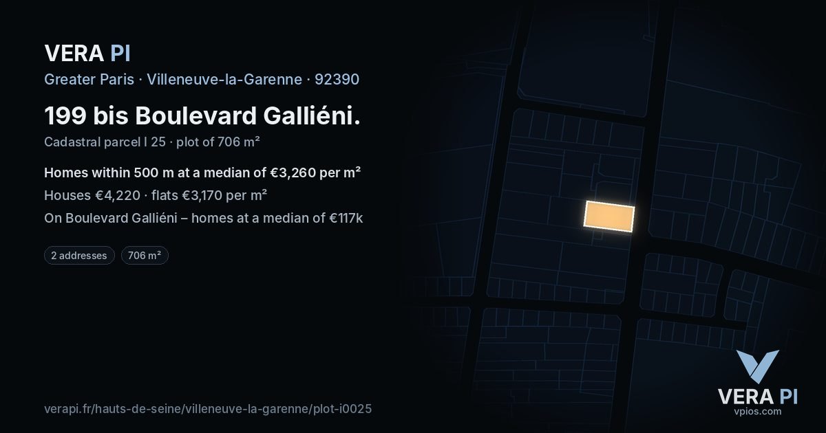 199 bis Boulevard Galliéni, Villeneuve-la-Garenne at night – the plot lit, the parcels around coloured by the prices near them