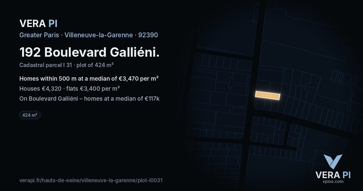 192 Boulevard Galliéni, Villeneuve-la-Garenne at night – the plot lit, the parcels around coloured by the prices near them