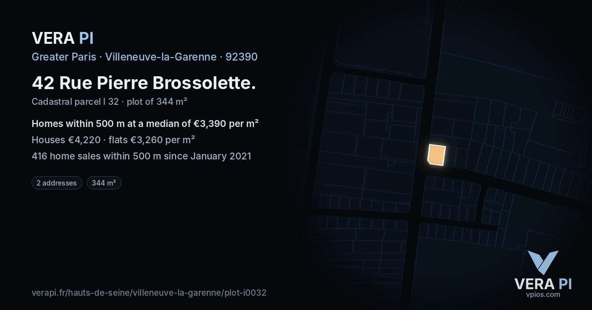 42 Rue Pierre Brossolette, Villeneuve-la-Garenne at night – the plot lit, the parcels around coloured by the prices near them