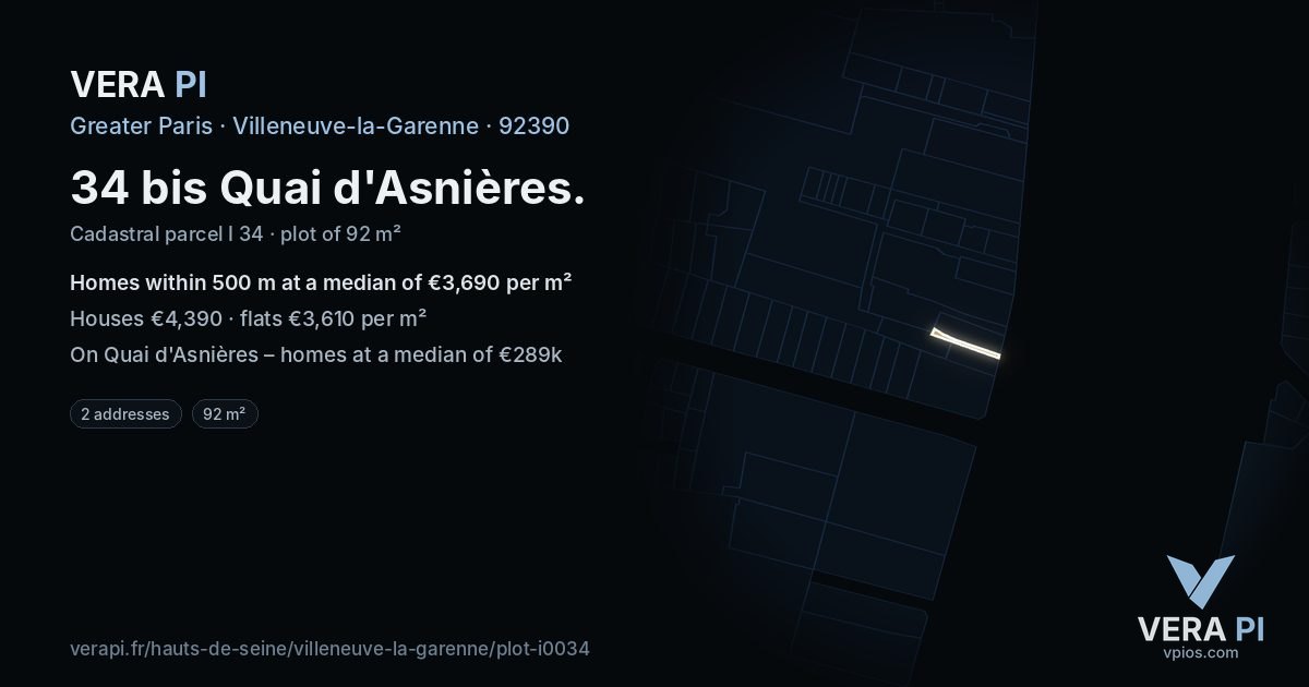 34 bis Quai d'Asnières, Villeneuve-la-Garenne at night – the plot lit, the parcels around coloured by the prices near them