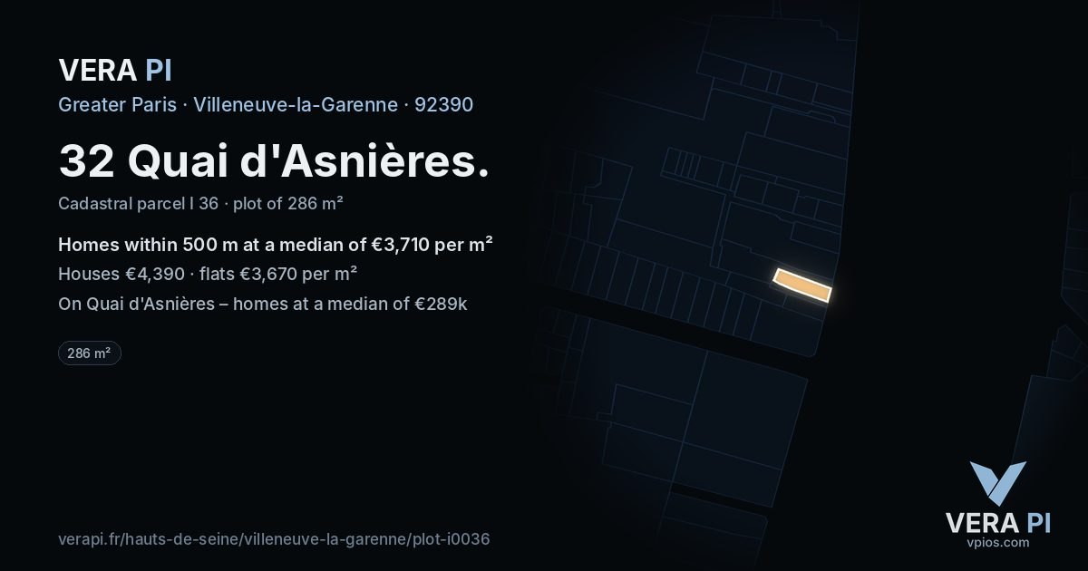 32 Quai d'Asnières, Villeneuve-la-Garenne at night – the plot lit, the parcels around coloured by the prices near them