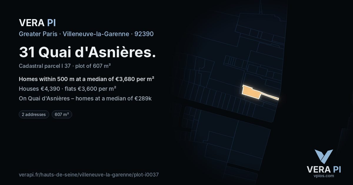 31 Quai d'Asnières, Villeneuve-la-Garenne at night – the plot lit, the parcels around coloured by the prices near them