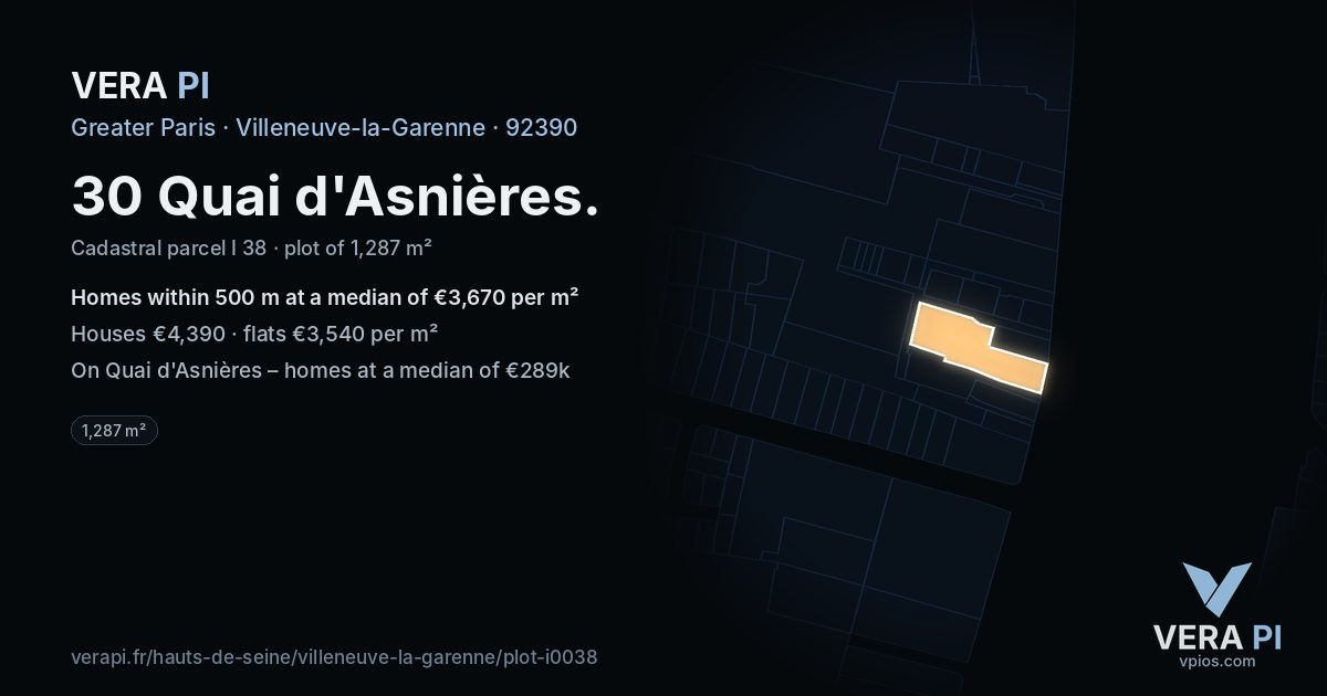 30 Quai d'Asnières, Villeneuve-la-Garenne at night – the plot lit, the parcels around coloured by the prices near them