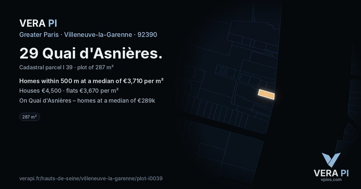 29 Quai d'Asnières, Villeneuve-la-Garenne at night – the plot lit, the parcels around coloured by the prices near them