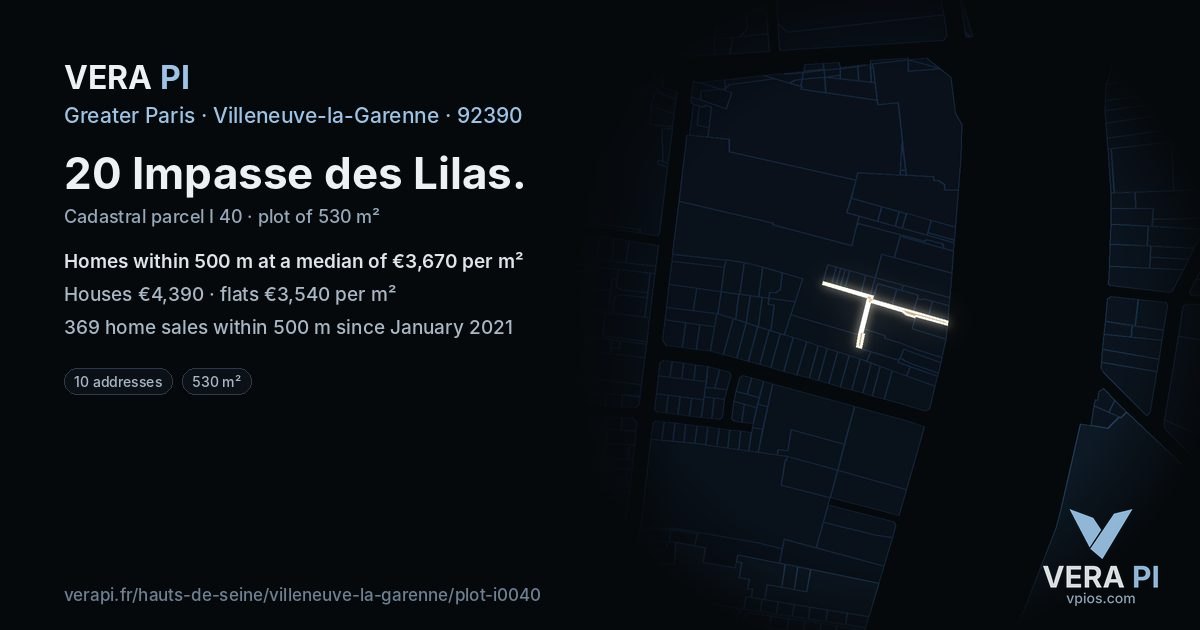 20 Impasse des Lilas, Villeneuve-la-Garenne at night – the plot lit, the parcels around coloured by the prices near them