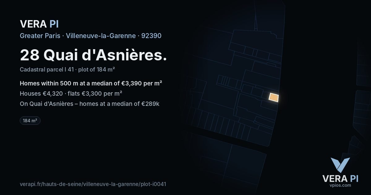 28 Quai d'Asnières, Villeneuve-la-Garenne at night – the plot lit, the parcels around coloured by the prices near them