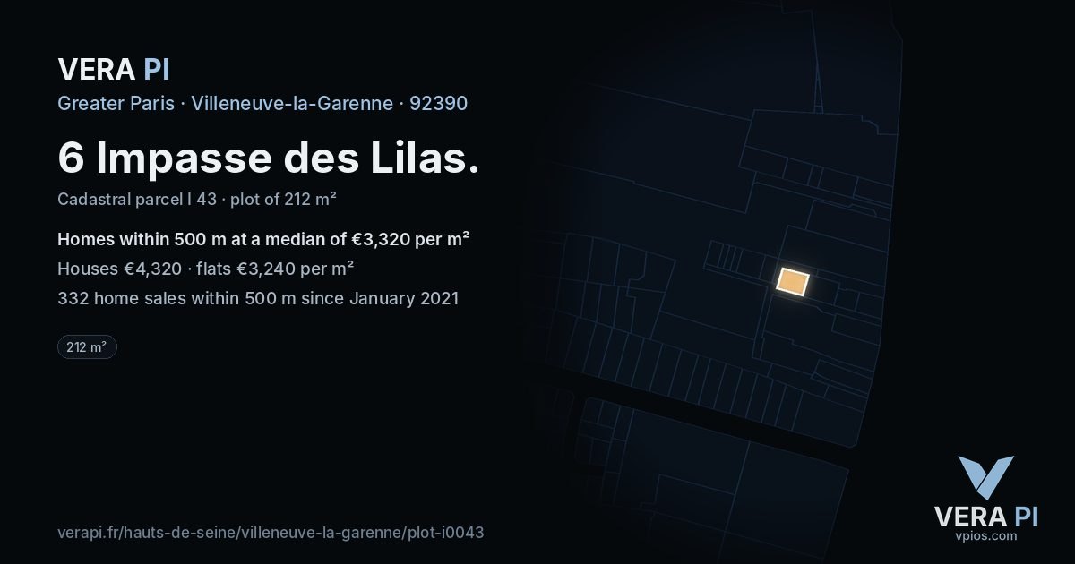 6 Impasse des Lilas, Villeneuve-la-Garenne at night – the plot lit, the parcels around coloured by the prices near them