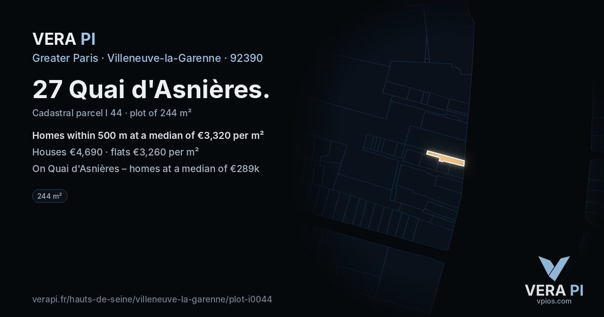 27 Quai d'Asnières, Villeneuve-la-Garenne at night – the plot lit, the parcels around coloured by the prices near them