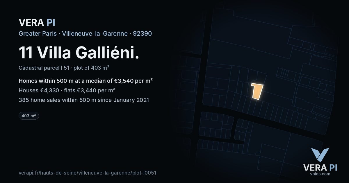 11 Villa Galliéni, Villeneuve-la-Garenne at night – the plot lit, the parcels around coloured by the prices near them