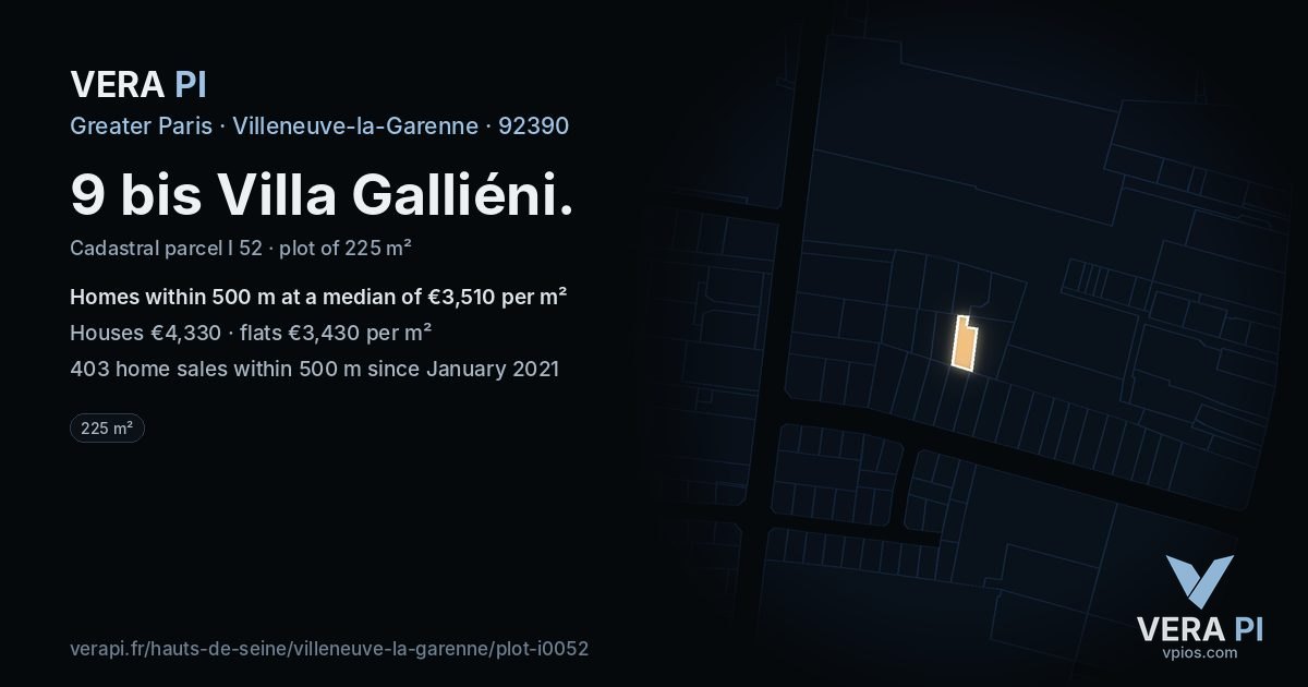 9 bis Villa Galliéni, Villeneuve-la-Garenne at night – the plot lit, the parcels around coloured by the prices near them