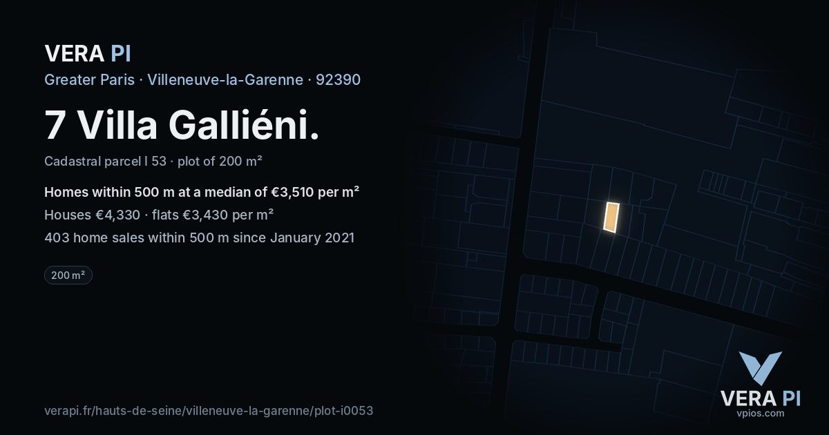 7 Villa Galliéni, Villeneuve-la-Garenne at night – the plot lit, the parcels around coloured by the prices near them