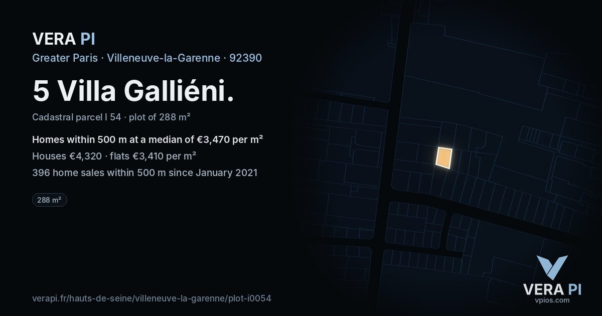 5 Villa Galliéni, Villeneuve-la-Garenne at night – the plot lit, the parcels around coloured by the prices near them