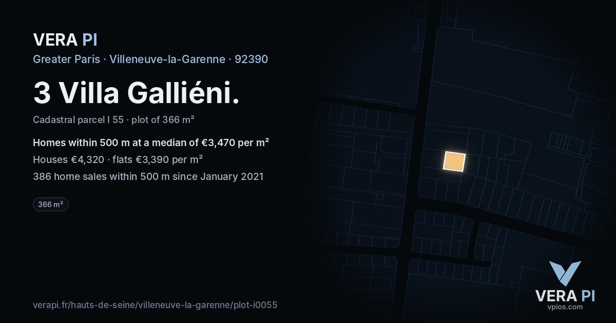 3 Villa Galliéni, Villeneuve-la-Garenne at night – the plot lit, the parcels around coloured by the prices near them