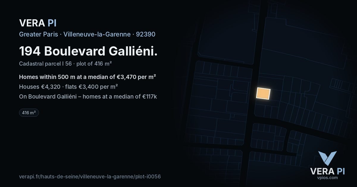 194 Boulevard Galliéni, Villeneuve-la-Garenne at night – the plot lit, the parcels around coloured by the prices near them