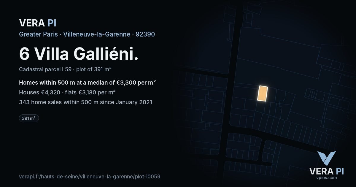 6 Villa Galliéni, Villeneuve-la-Garenne at night – the plot lit, the parcels around coloured by the prices near them