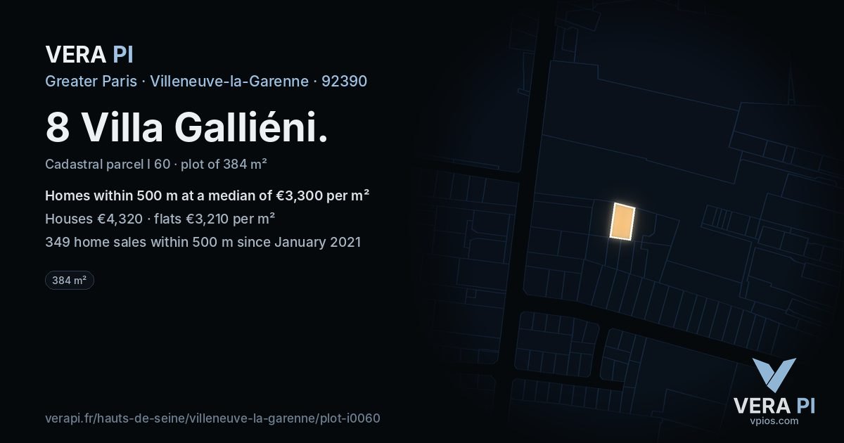 8 Villa Galliéni, Villeneuve-la-Garenne at night – the plot lit, the parcels around coloured by the prices near them