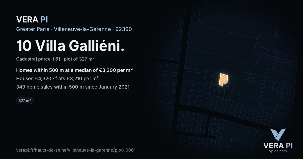 10 Villa Galliéni, Villeneuve-la-Garenne at night – the plot lit, the parcels around coloured by the prices near them