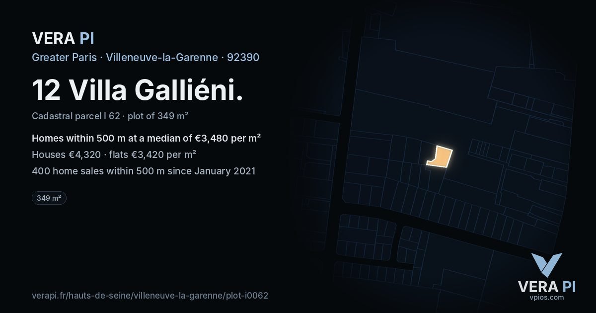 12 Villa Galliéni, Villeneuve-la-Garenne at night – the plot lit, the parcels around coloured by the prices near them