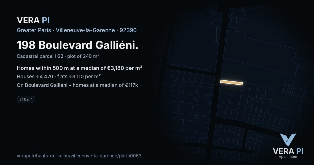198 Boulevard Galliéni, Villeneuve-la-Garenne at night – the plot lit, the parcels around coloured by the prices near them