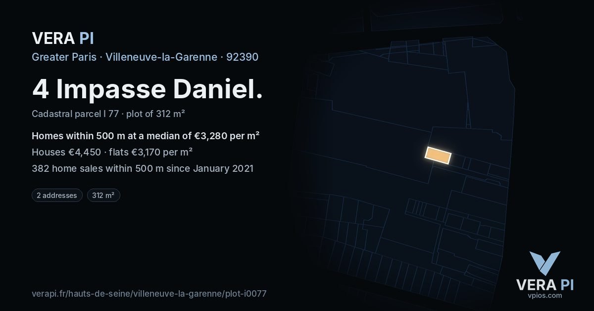 4 Impasse Daniel, Villeneuve-la-Garenne at night – the plot lit, the parcels around coloured by the prices near them