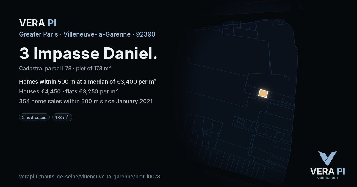 3 Impasse Daniel, Villeneuve-la-Garenne at night – the plot lit, the parcels around coloured by the prices near them