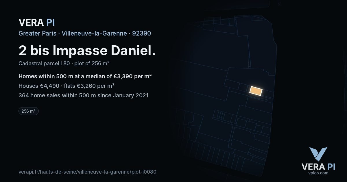 2 bis Impasse Daniel, Villeneuve-la-Garenne at night – the plot lit, the parcels around coloured by the prices near them