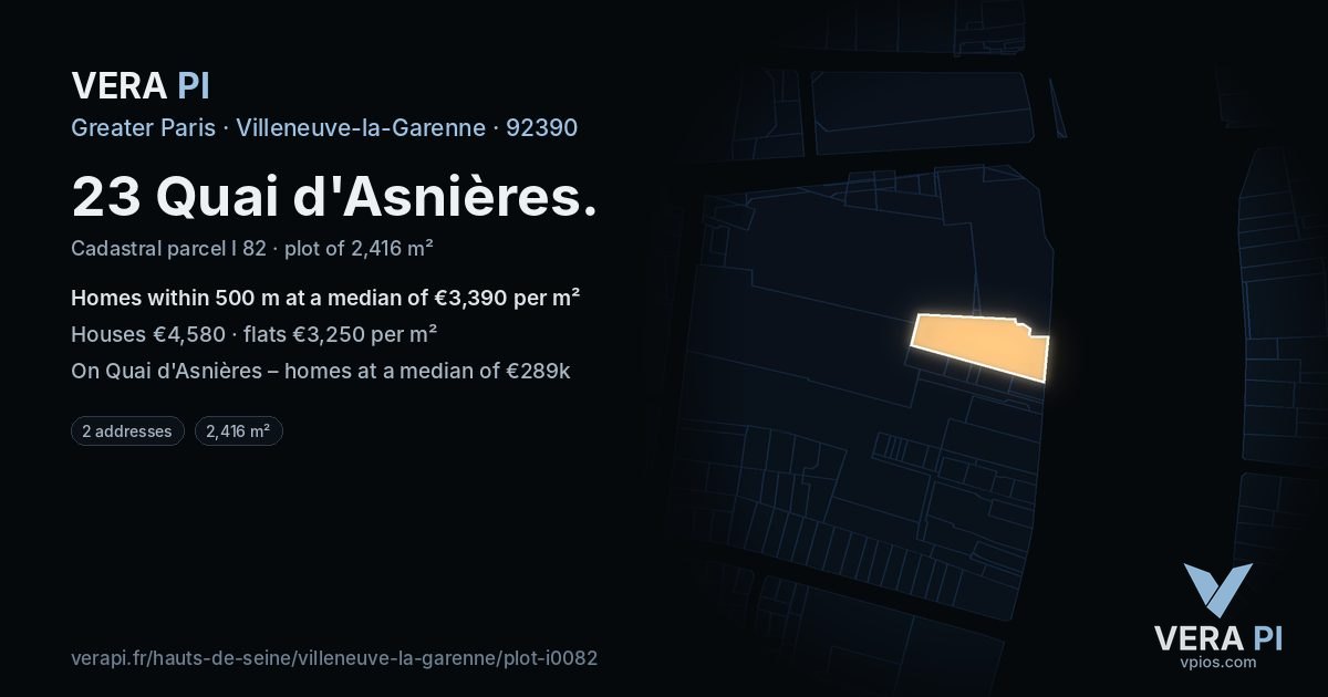 23 Quai d'Asnières, Villeneuve-la-Garenne at night – the plot lit, the parcels around coloured by the prices near them