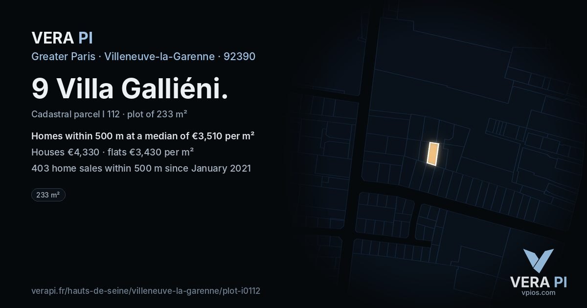 9 Villa Galliéni, Villeneuve-la-Garenne at night – the plot lit, the parcels around coloured by the prices near them