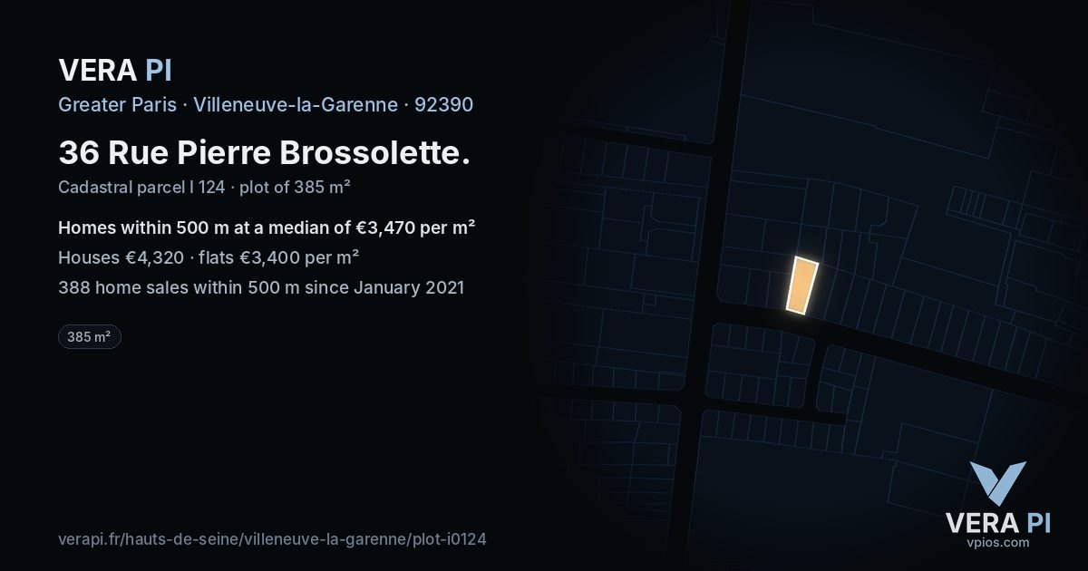 36 Rue Pierre Brossolette, Villeneuve-la-Garenne at night – the plot lit, the parcels around coloured by the prices near them