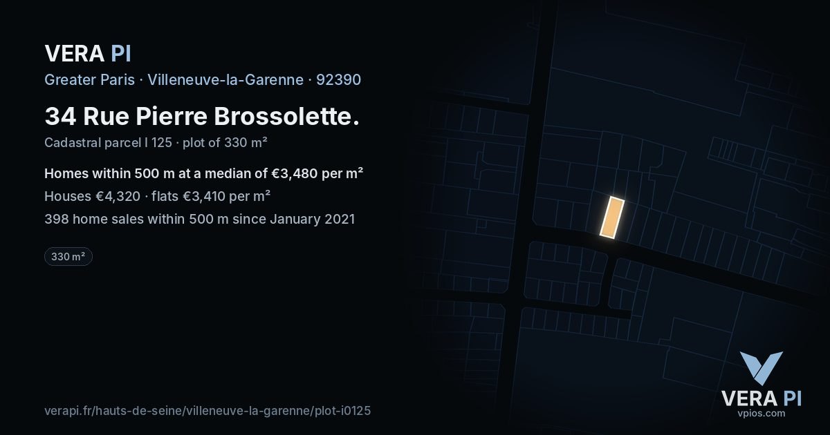 34 Rue Pierre Brossolette, Villeneuve-la-Garenne at night – the plot lit, the parcels around coloured by the prices near them