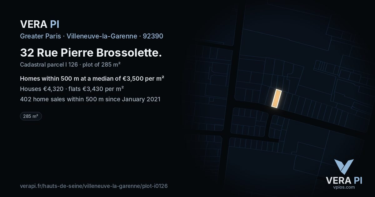 32 Rue Pierre Brossolette, Villeneuve-la-Garenne at night – the plot lit, the parcels around coloured by the prices near them