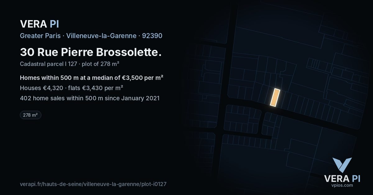 30 Rue Pierre Brossolette, Villeneuve-la-Garenne at night – the plot lit, the parcels around coloured by the prices near them