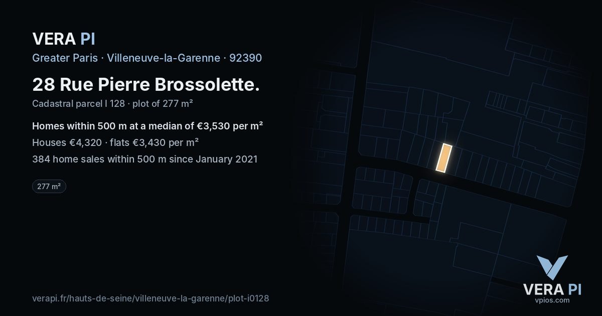 28 Rue Pierre Brossolette, Villeneuve-la-Garenne at night – the plot lit, the parcels around coloured by the prices near them