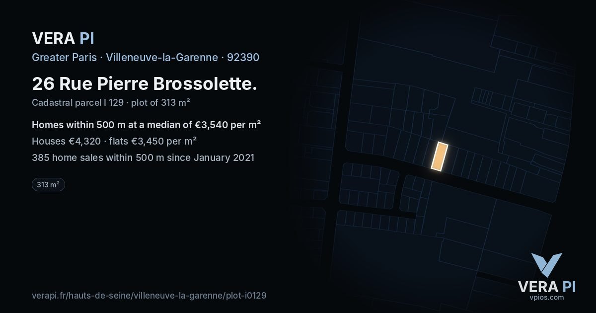 26 Rue Pierre Brossolette, Villeneuve-la-Garenne at night – the plot lit, the parcels around coloured by the prices near them