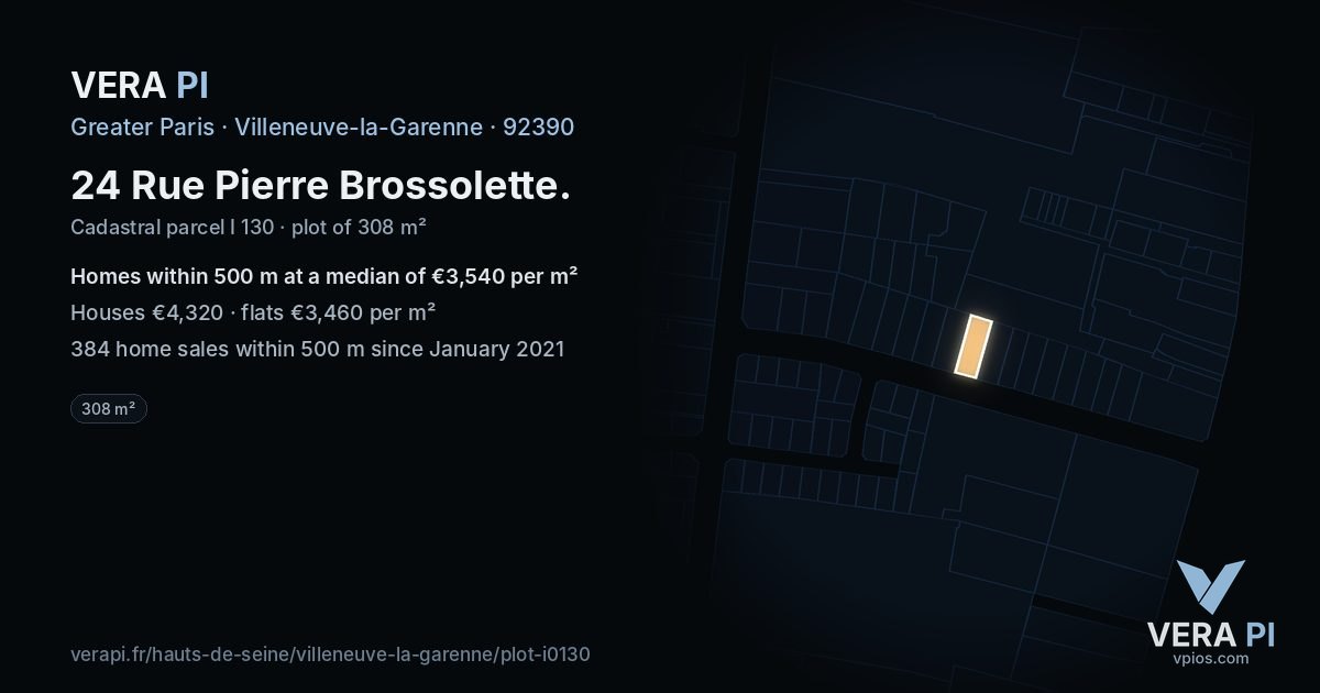 24 Rue Pierre Brossolette, Villeneuve-la-Garenne at night – the plot lit, the parcels around coloured by the prices near them