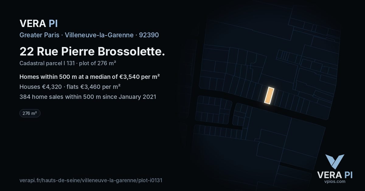 22 Rue Pierre Brossolette, Villeneuve-la-Garenne at night – the plot lit, the parcels around coloured by the prices near them