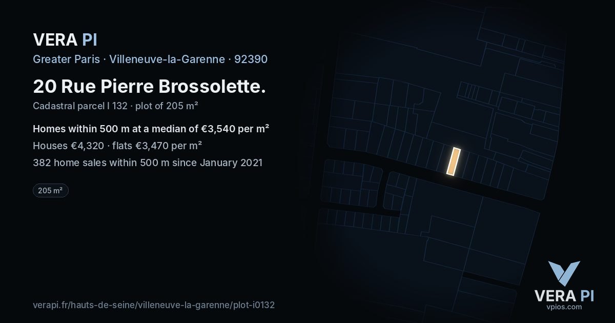 20 Rue Pierre Brossolette, Villeneuve-la-Garenne at night – the plot lit, the parcels around coloured by the prices near them
